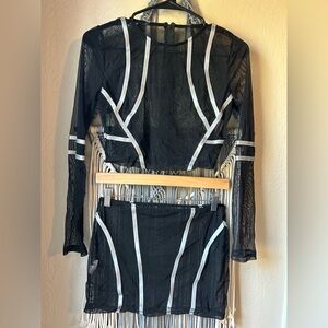 iheartraves Mesh Long-Sleeve Crop Top and Skirt Set with Reflective Trim